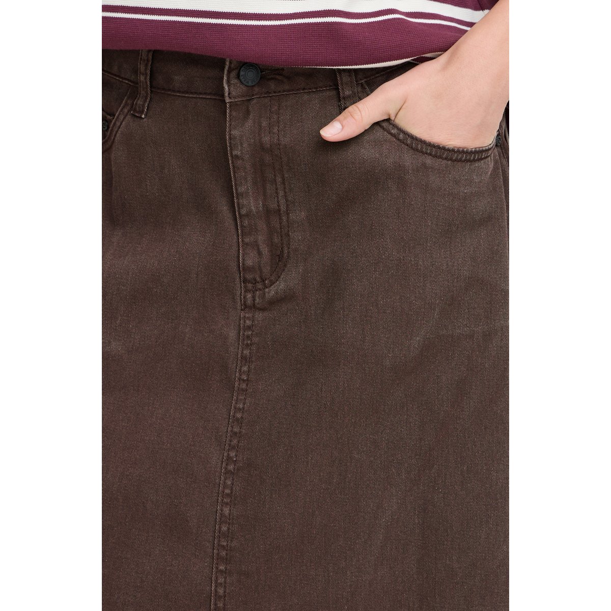 Jupe midi en denim, coupe évasée, taille haute marron java, B.YOUNG