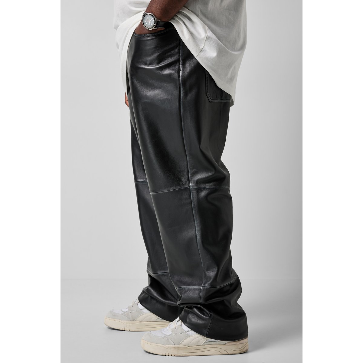 Pantalon en cuir, coupe Baggy Fit noir, STHUGE