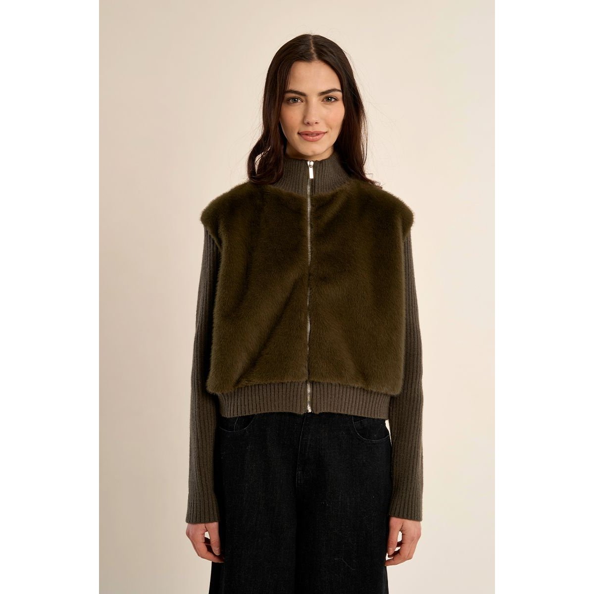 Veste à zip, bi-matière khaki, MOLLY BRACKEN