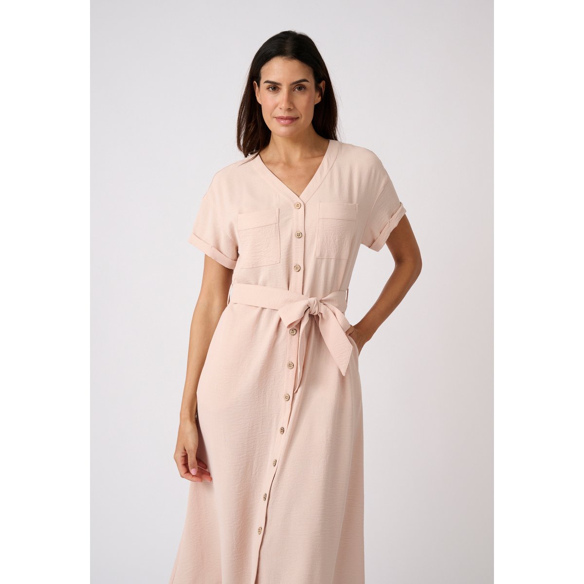 Robe-saharienne tissu crêpe marron beige, DAMART