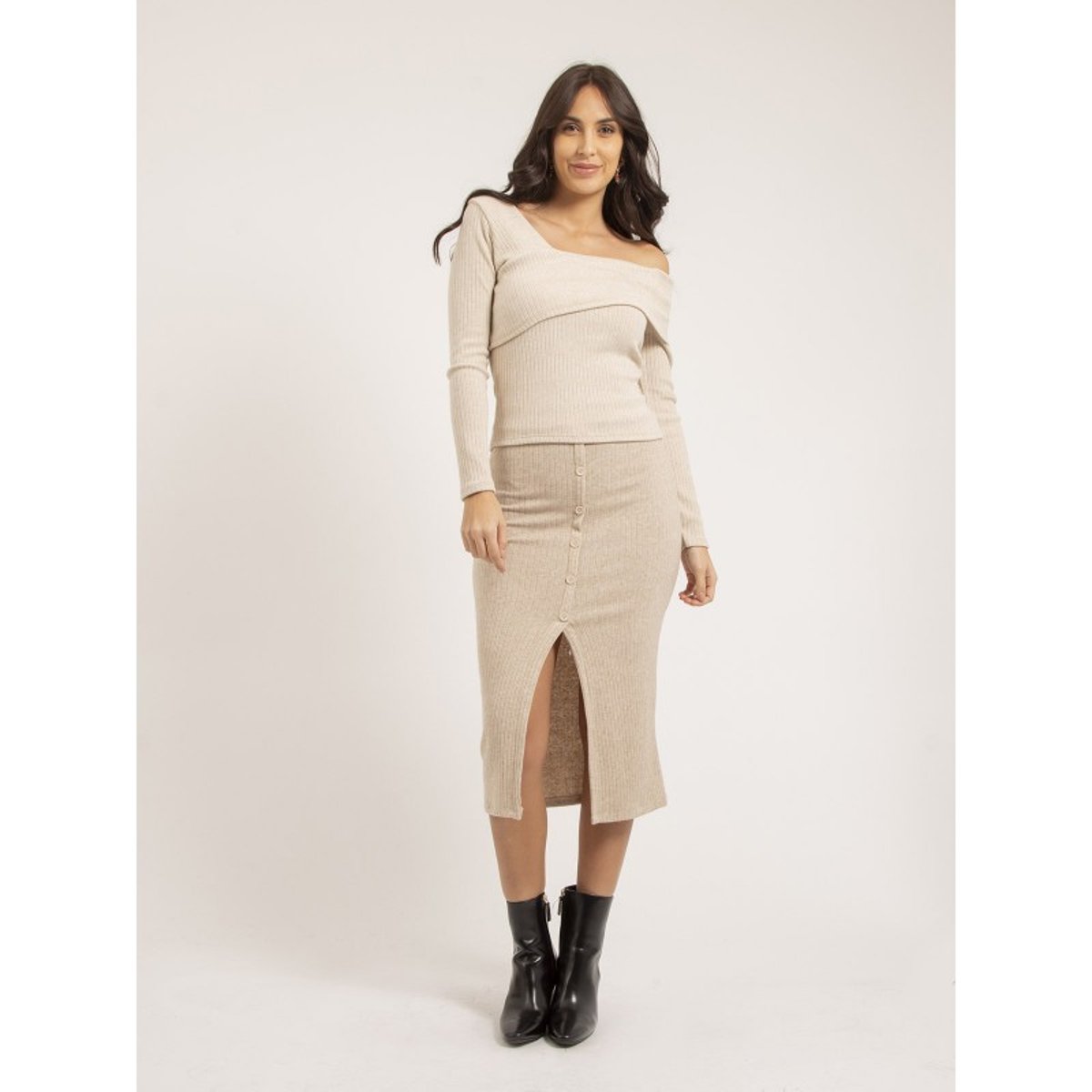 Jupe Mi-longue Maille Xashere beige, DONA LISA
