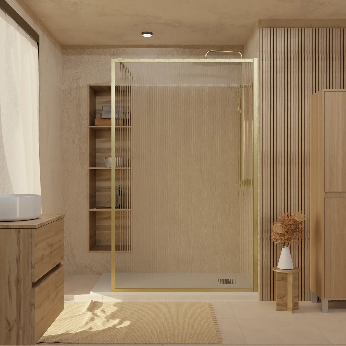 Paroi de douche en verre cannelé doré brossé doré, HOME MAISON
