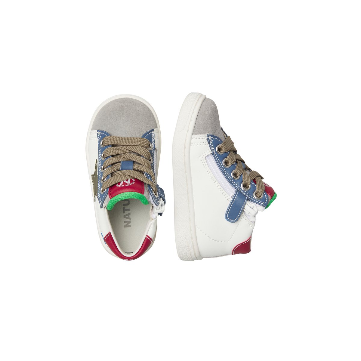 Baskets hautes en cuir et velours PINN HIGH ZIP. blanc-gris-marine, NATURINO