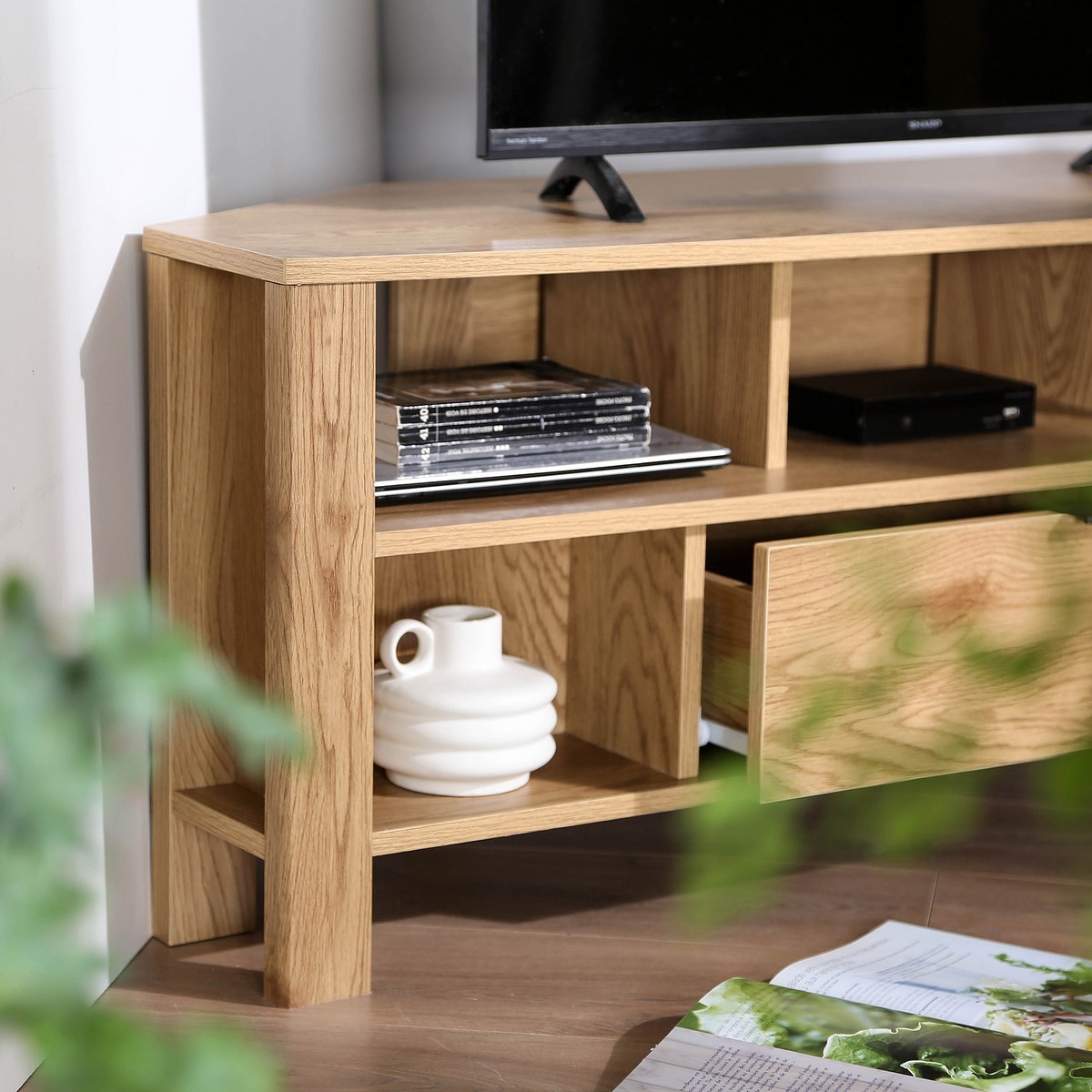 Meuble TV d'Angle 1 Tiroir Décor Chêne - L120 cm chêne, CALICOSY