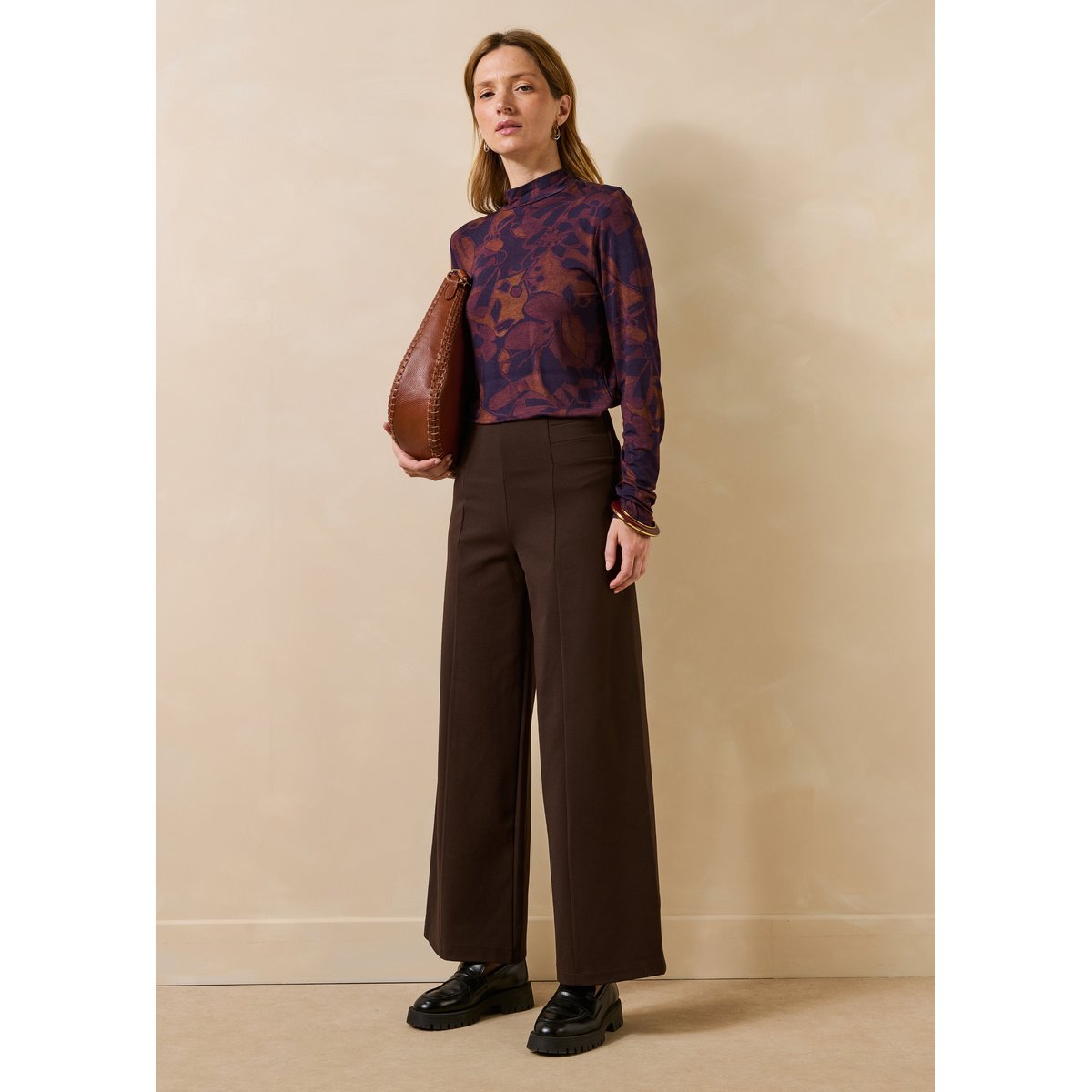 Pantalon cropped taille élastiquée chocolat, LA FEE MARABOUTEE