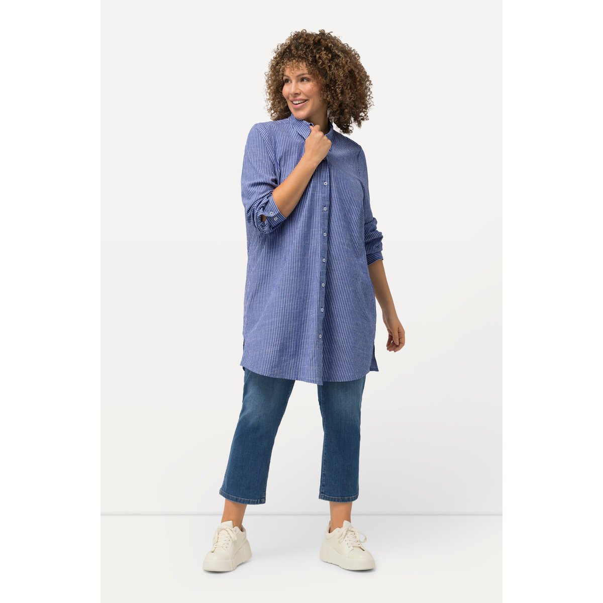 Chemisier long à rayures. Col classique bleu cobalt, ULLA POPKEN