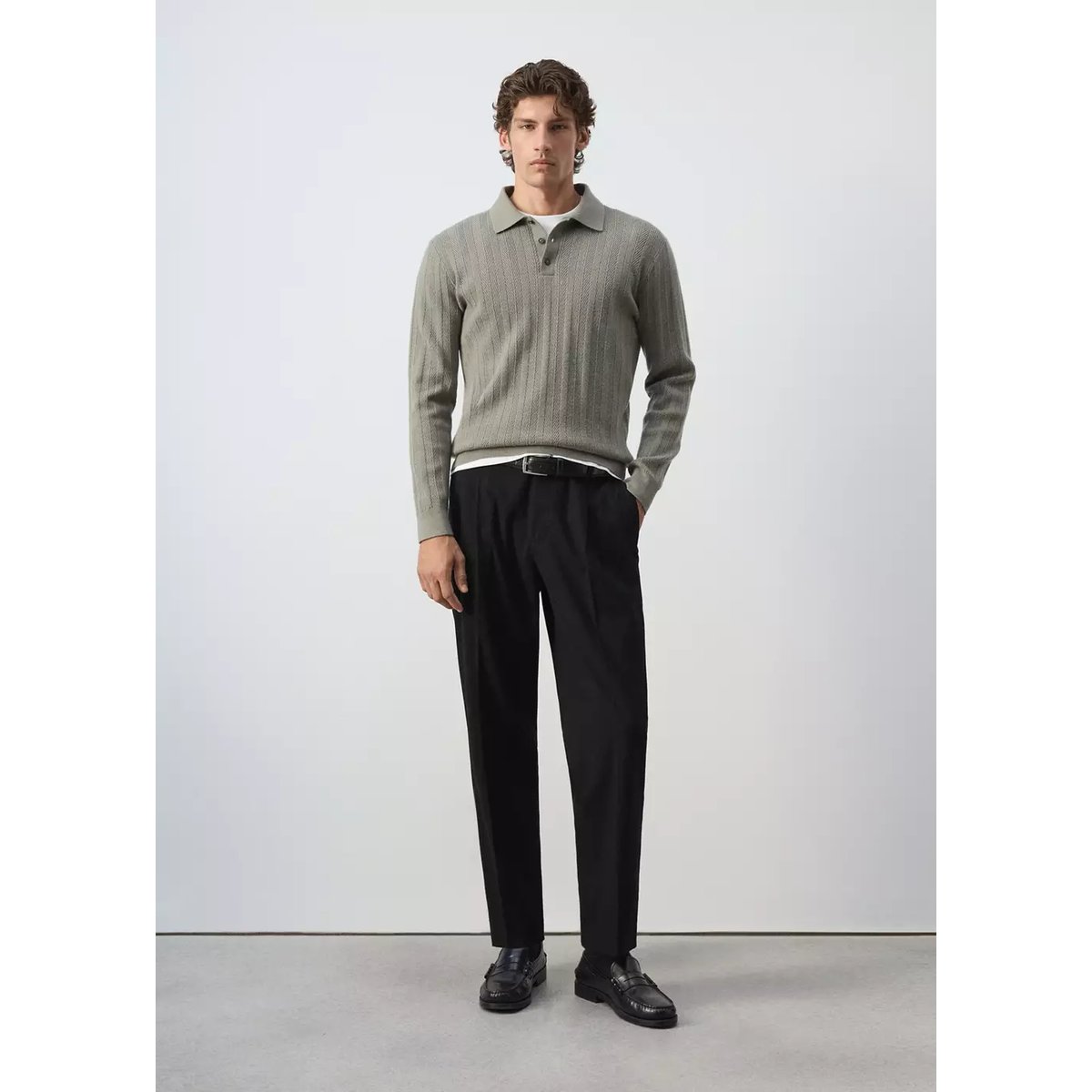 Pull-over polo maille structure vert pastel, MANGO MAN