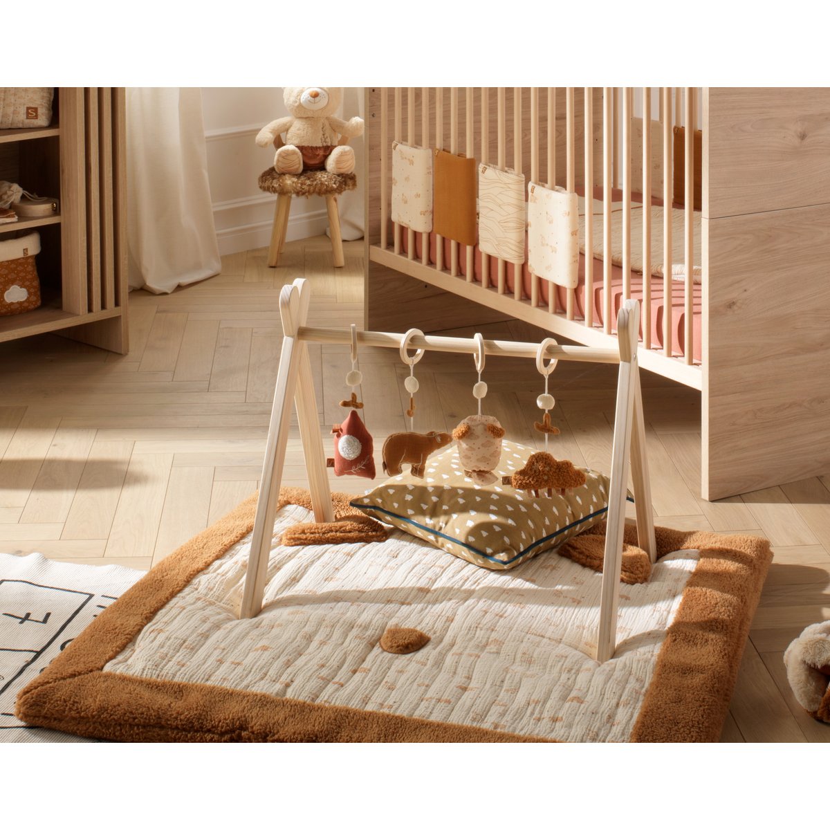 Grand tapis de jeu en double gaze de coton et sherpa beige, SAUTHON
