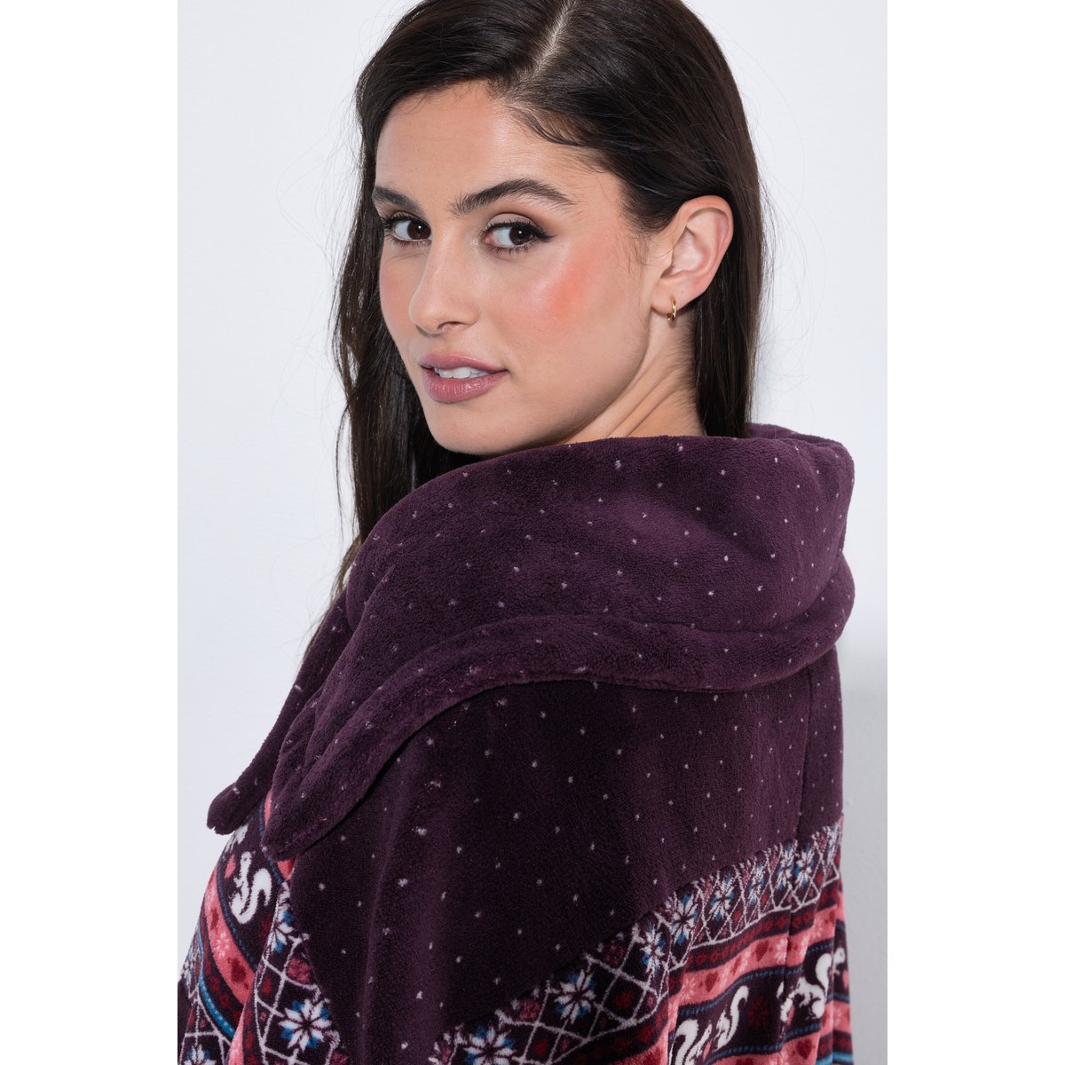 Poncho en peluche avec col, motif norvégien prune foncé, ULLA POPKEN