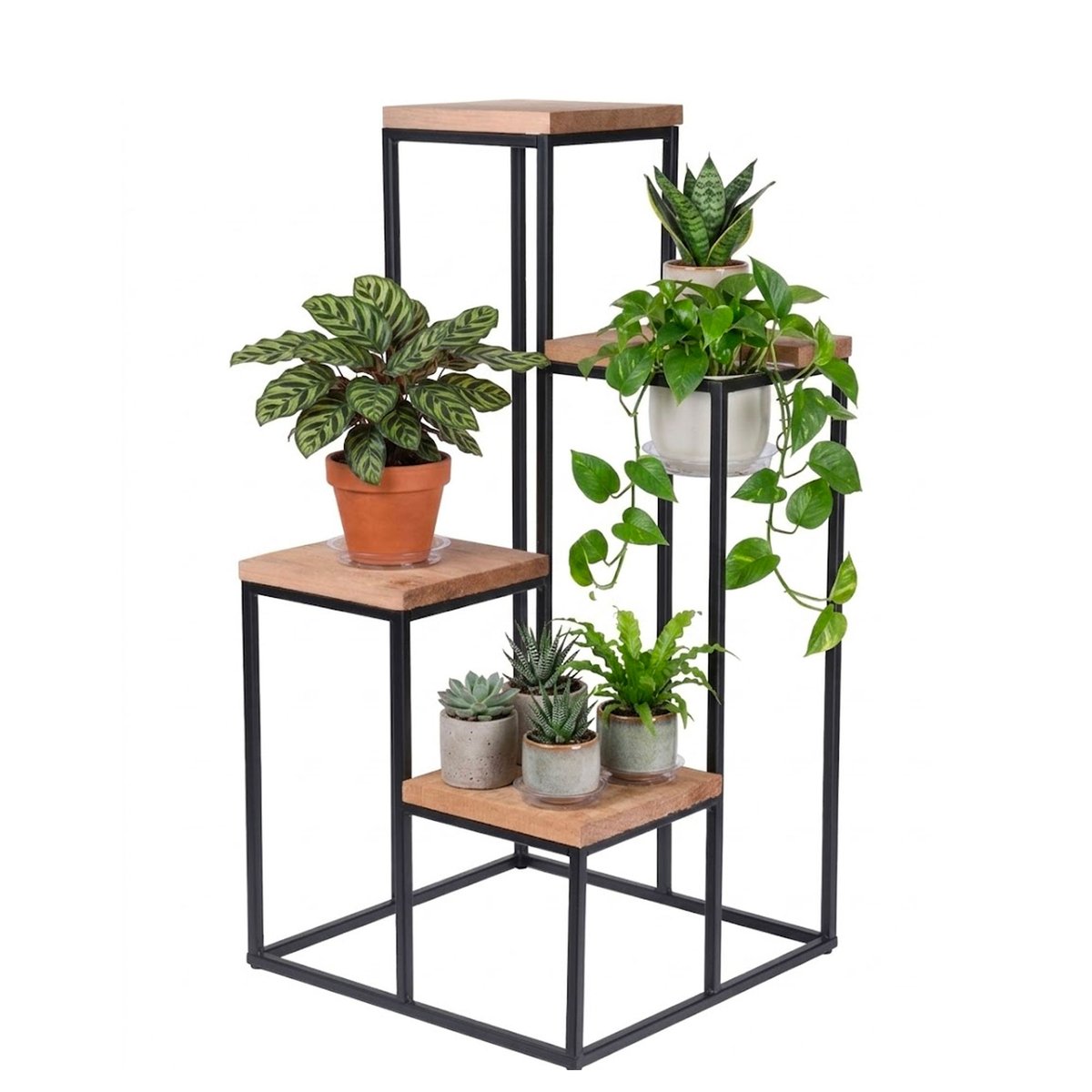 Support Pots Plantes Étagé en Métal Noir et Plateaux Bois noir, WADIGA