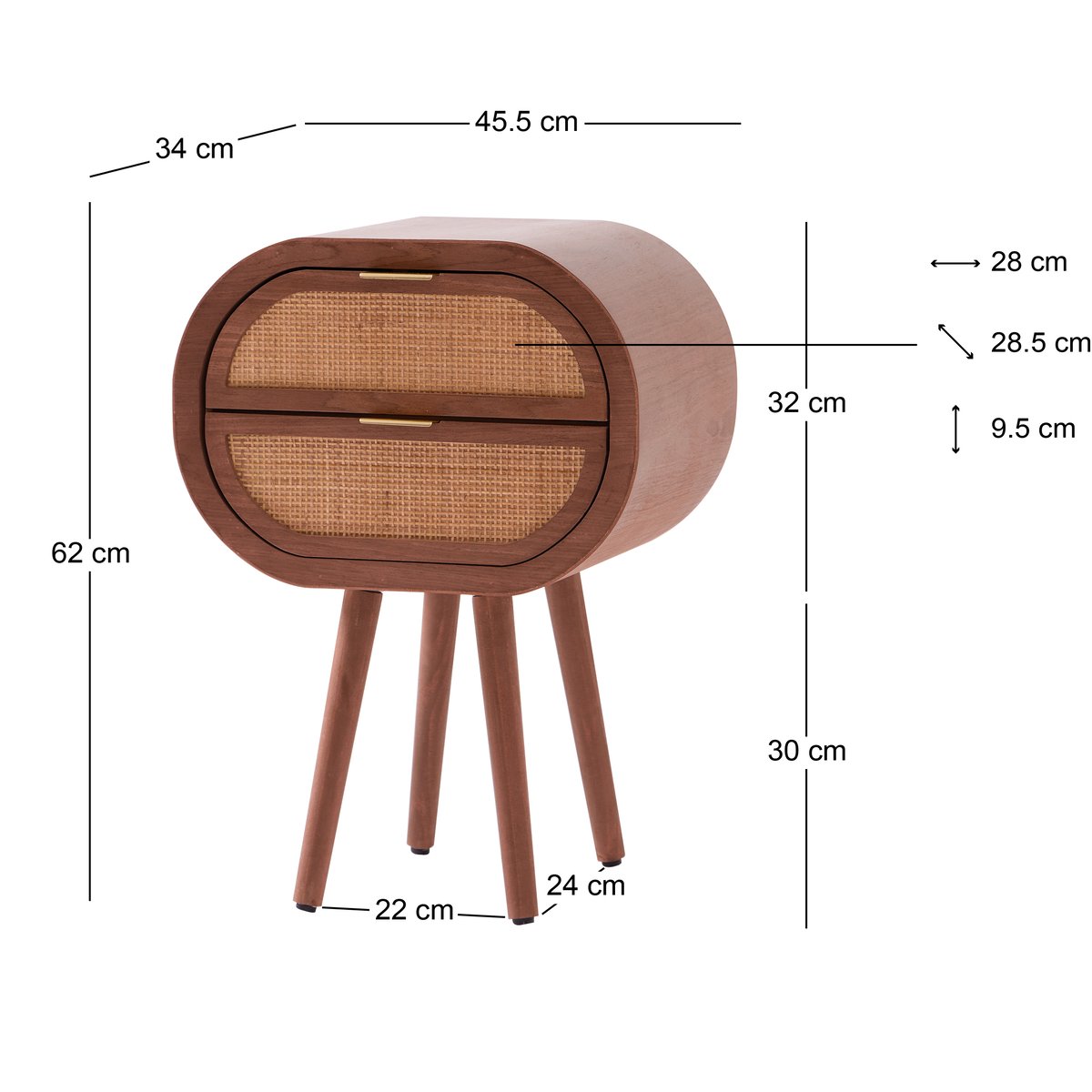 Table de chevet 2 tiroirs en rotin et bois de noyer, MALIRON noyer, NORDLYS