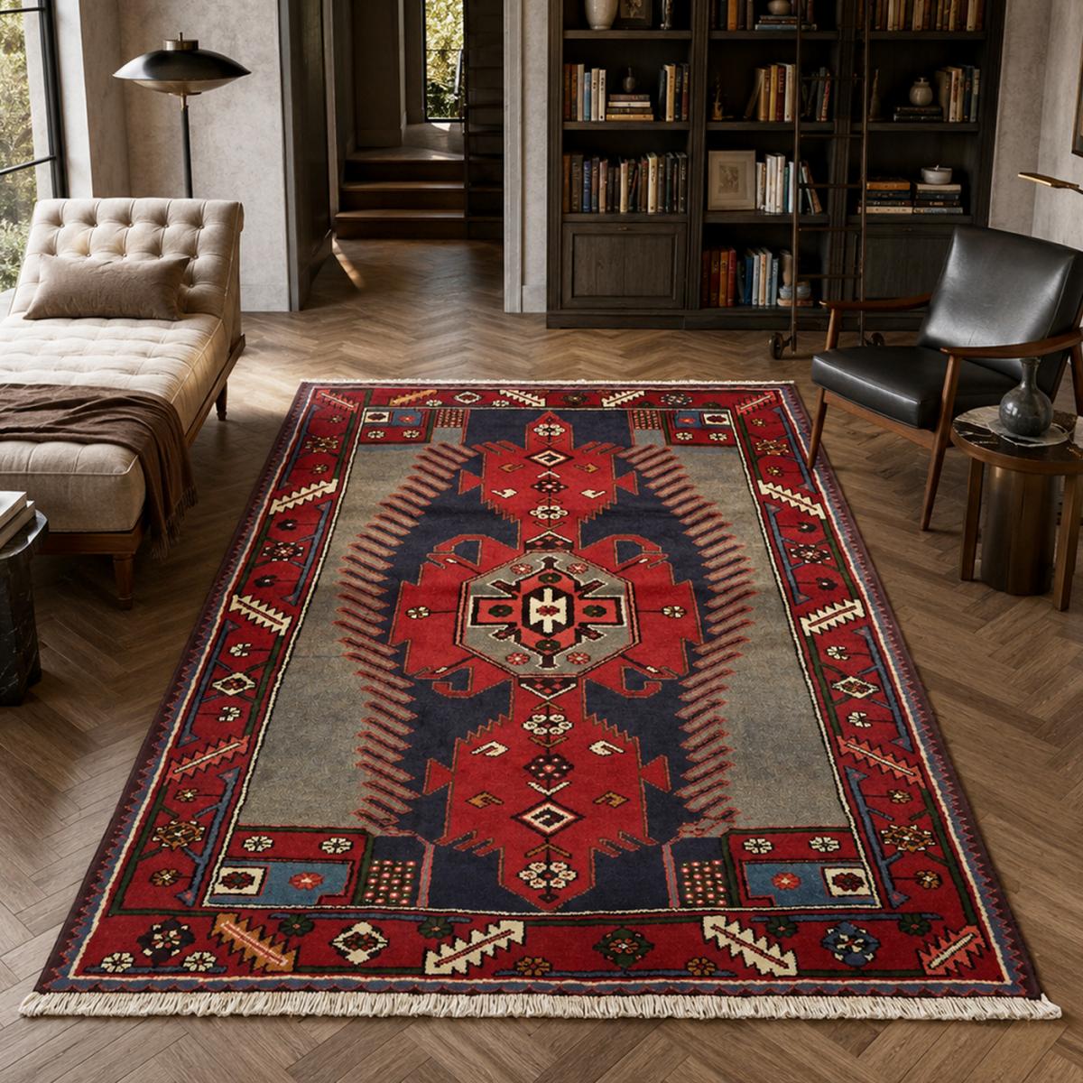 Tapis d'orient oriental, noué main en laine, HAMADAN 46 rouge, bleu, gris, UN AMOUR DE TAPIS