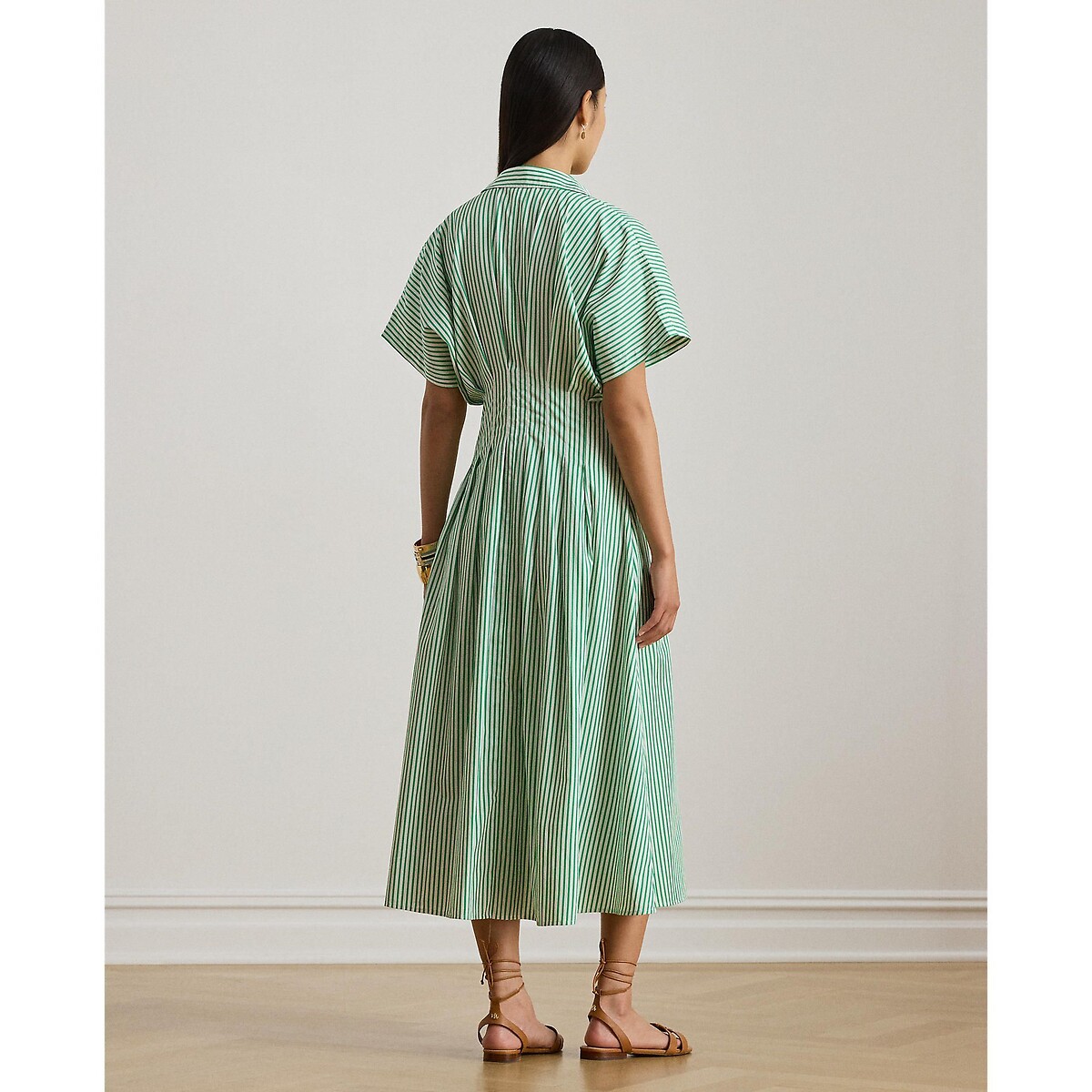 Vestido camisero midi de manga corta con estampado a rayas, RUSHANIA rayas verde/blanco, LAUREN RALPH LAUREN