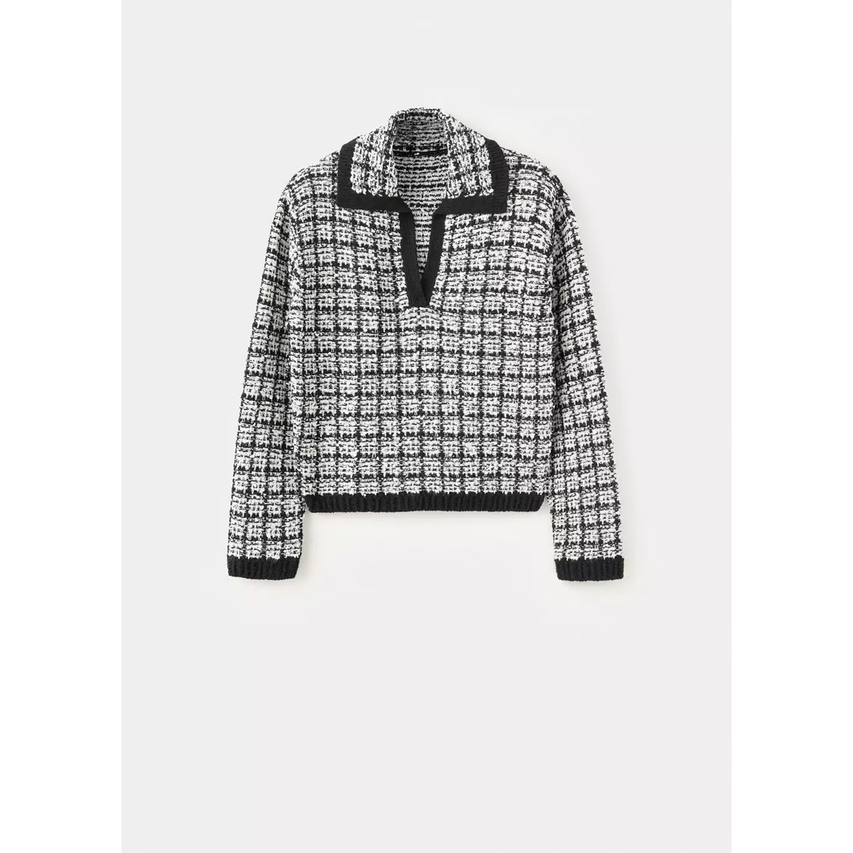 Pull en tweed col polo noir, MANGO