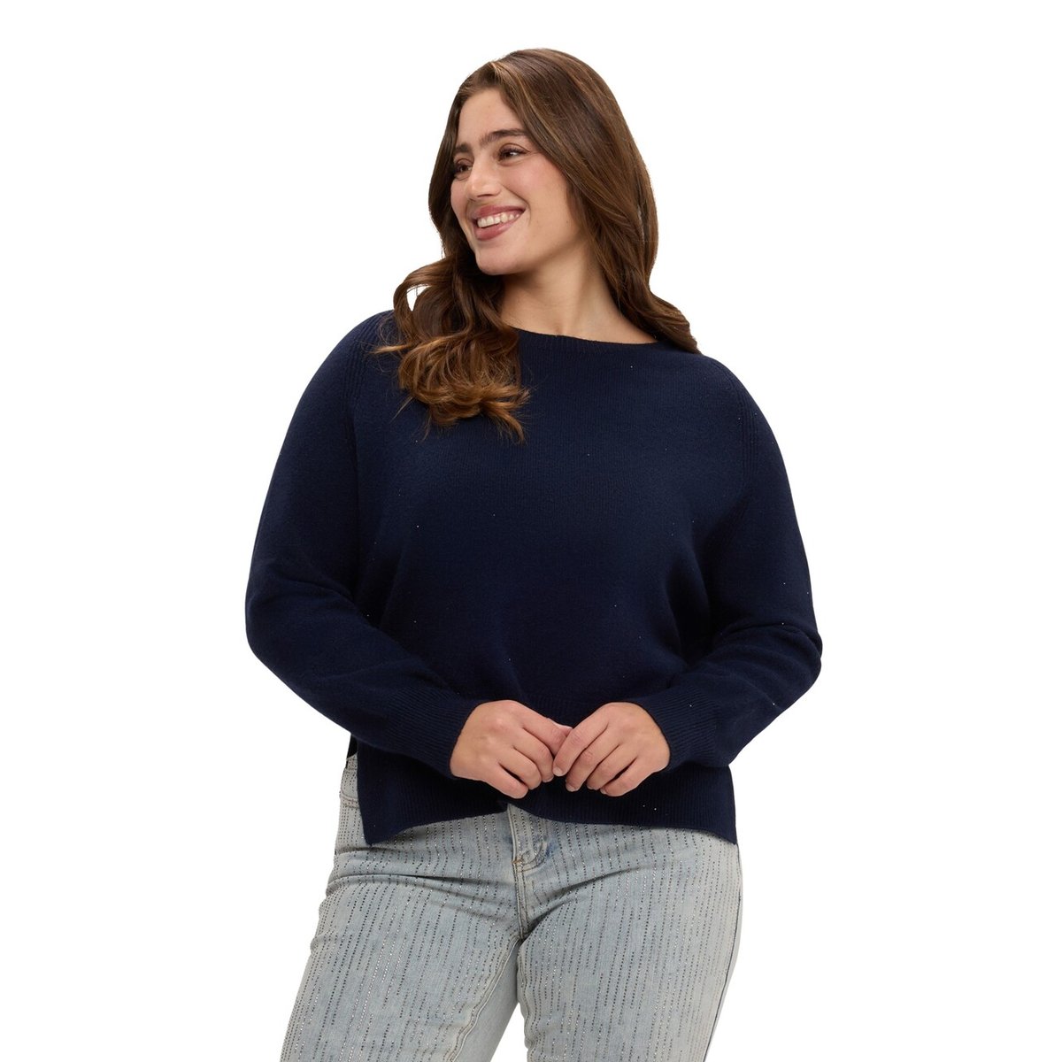 Pull col rond à micro-paillettes bleu, FIORELLA RUBINO