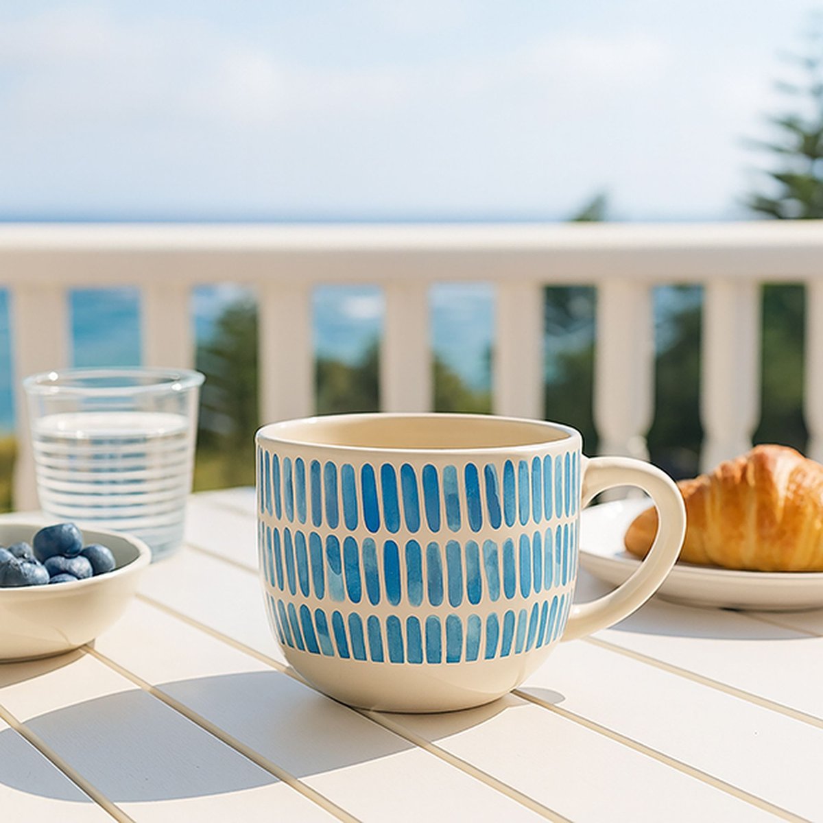 Lot de 6 tasses en grès 45cl, CORFU blanc-bleu, NOVASTYL