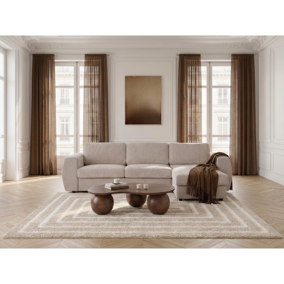 Canapé d'angle convertible 4 places en tissu texturé couchage 140x190 cm, HUGO beige, BOBOCHIC
