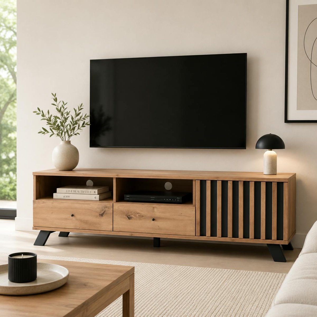 Meuble TV avec rangement 1 porte noire rainurée ALVA bois naturel, PIER IMPORT