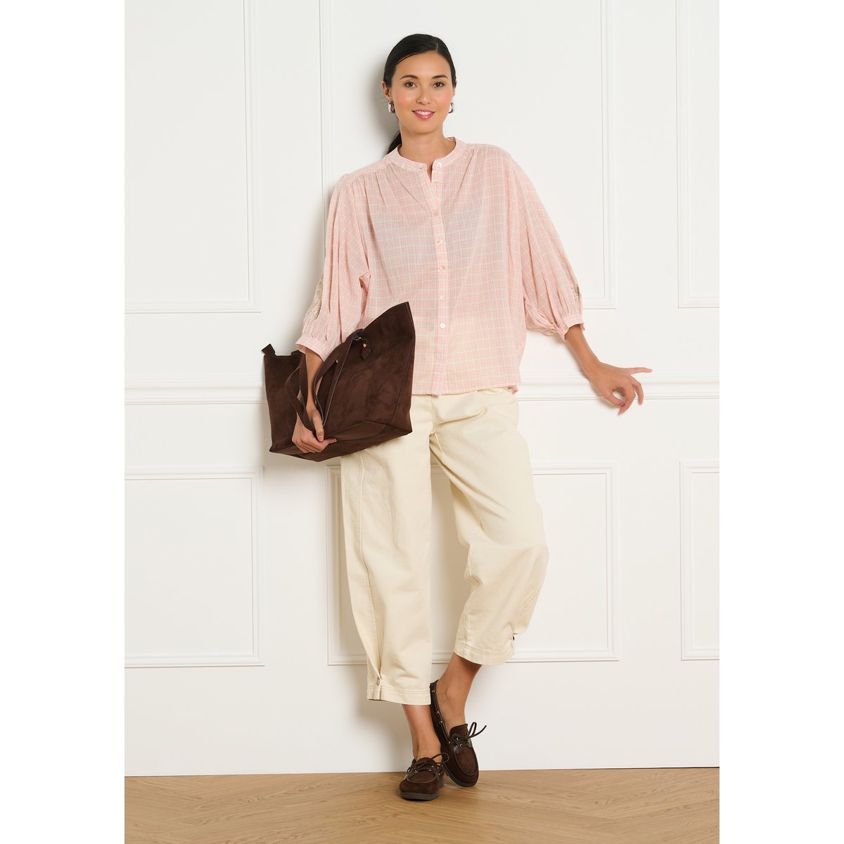 Chemise à carreaux brodée rose clair, LOLALIZA