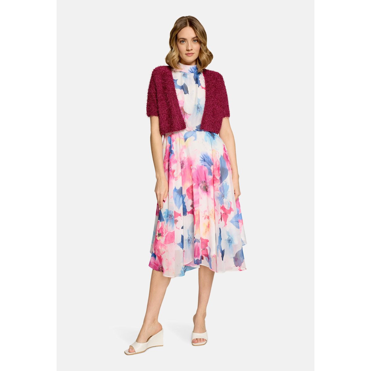 Cardigan en maille d'été à teneur en fil fantaisie dark fuchsia, VERA MONT
