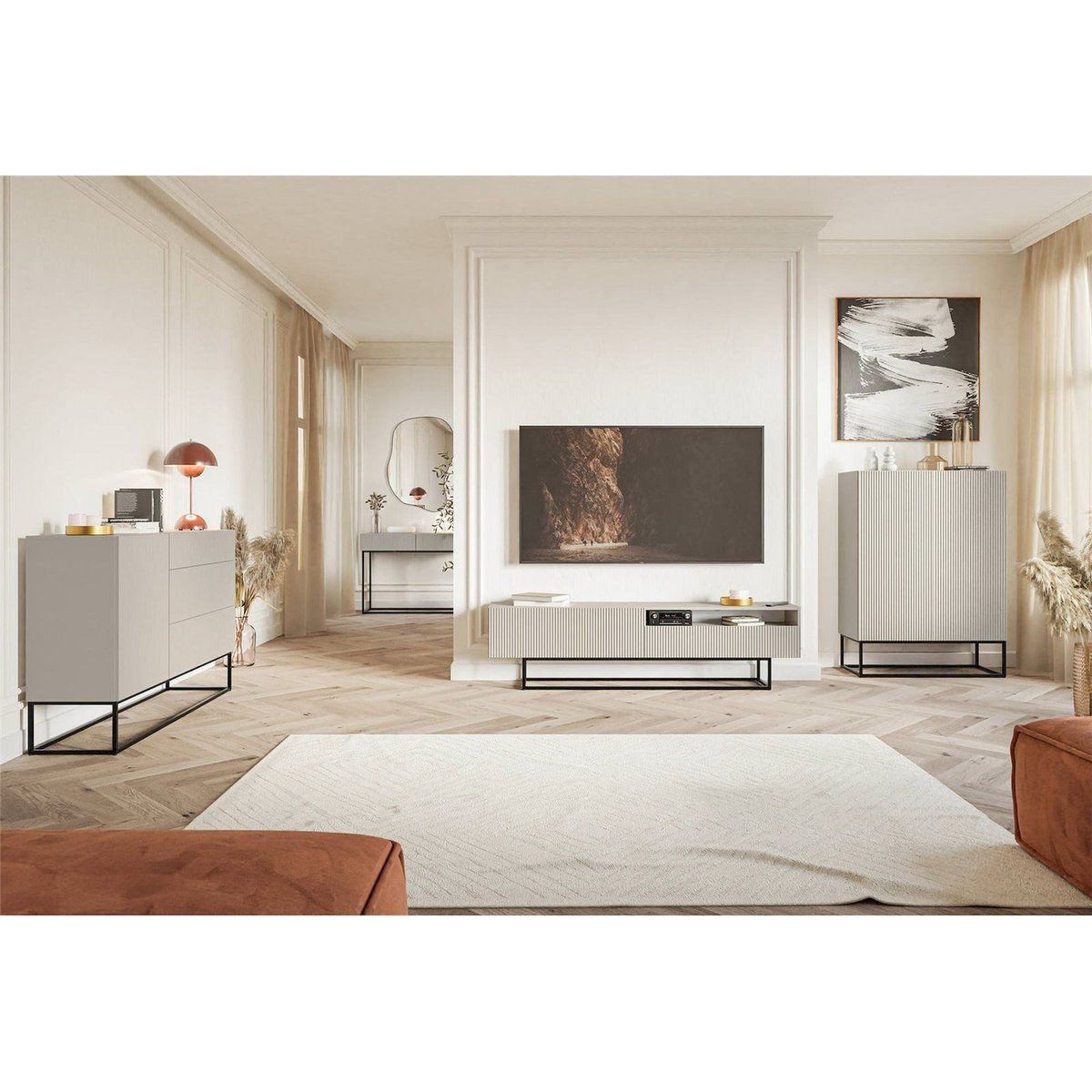 Commode rainurée collection VELDIO gris beige, RECOLLECTION