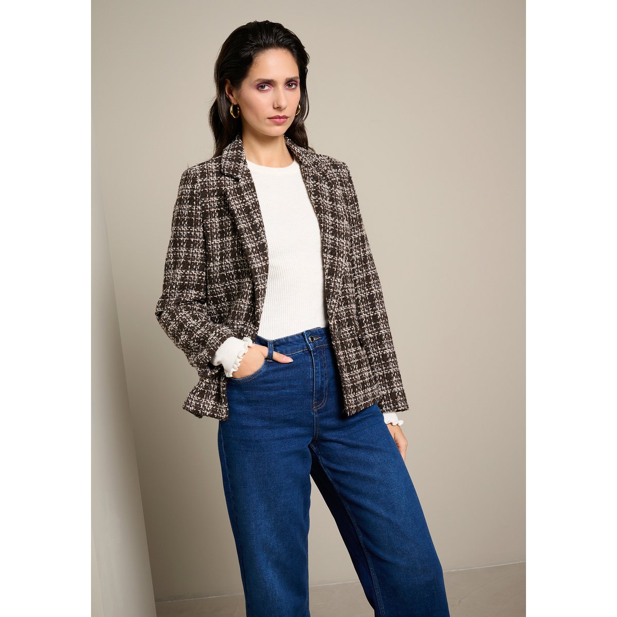 Blazer en tweed boutonné brun fonce chocolate, LOLALIZA