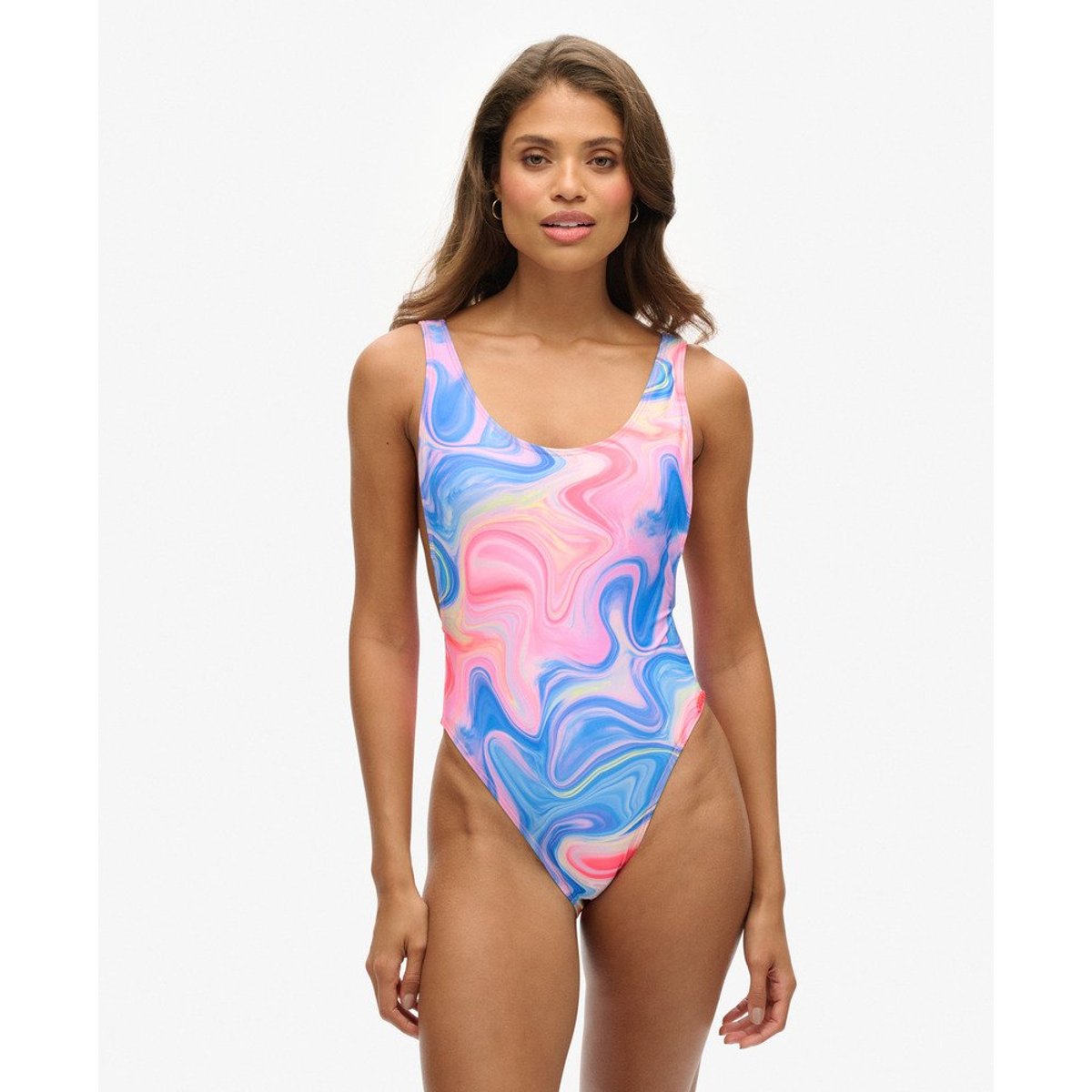 Maillot de bain imprimé à dos échancré marbre multicolore, SUPERDRY