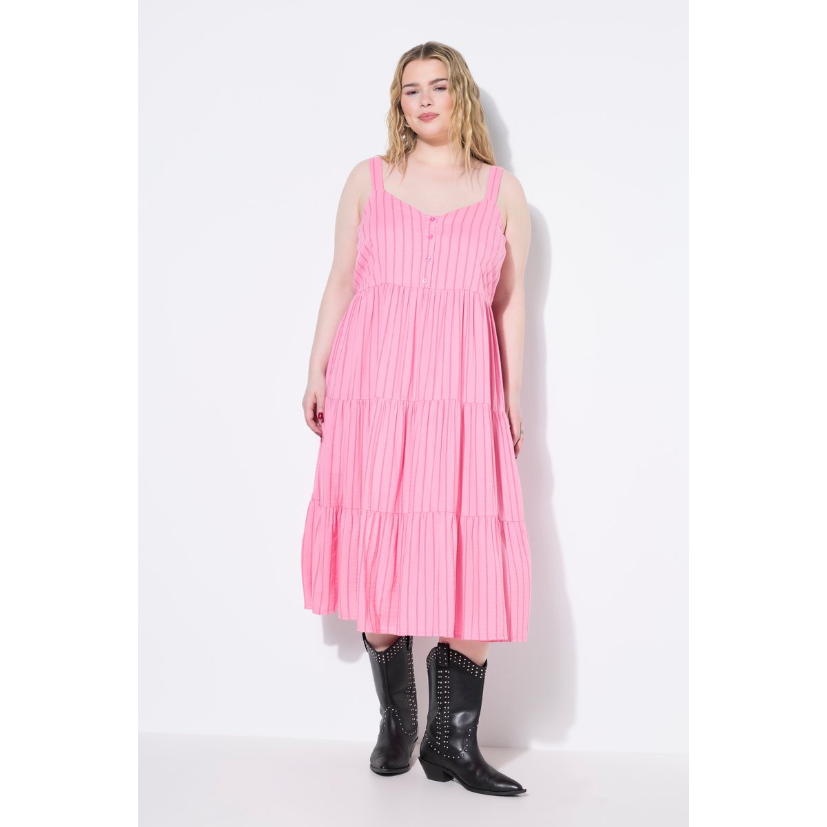Robe midi à volants, lin mélangé à rayures rose, STUDIO UNTOLD
