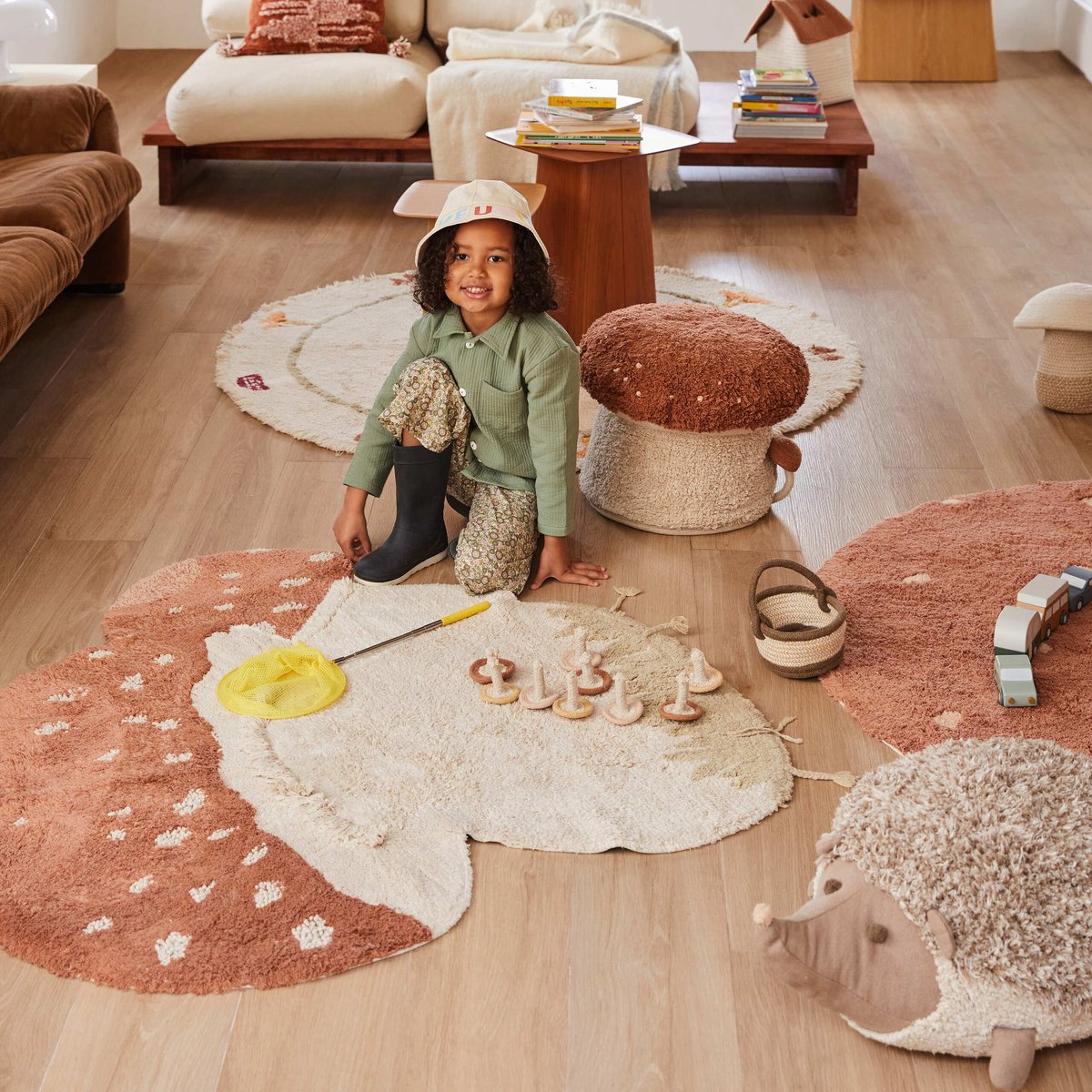 Tapis en coton champignon CHASSE AUX CHAMPIGNONS naturel, orange, LORENA CANALS