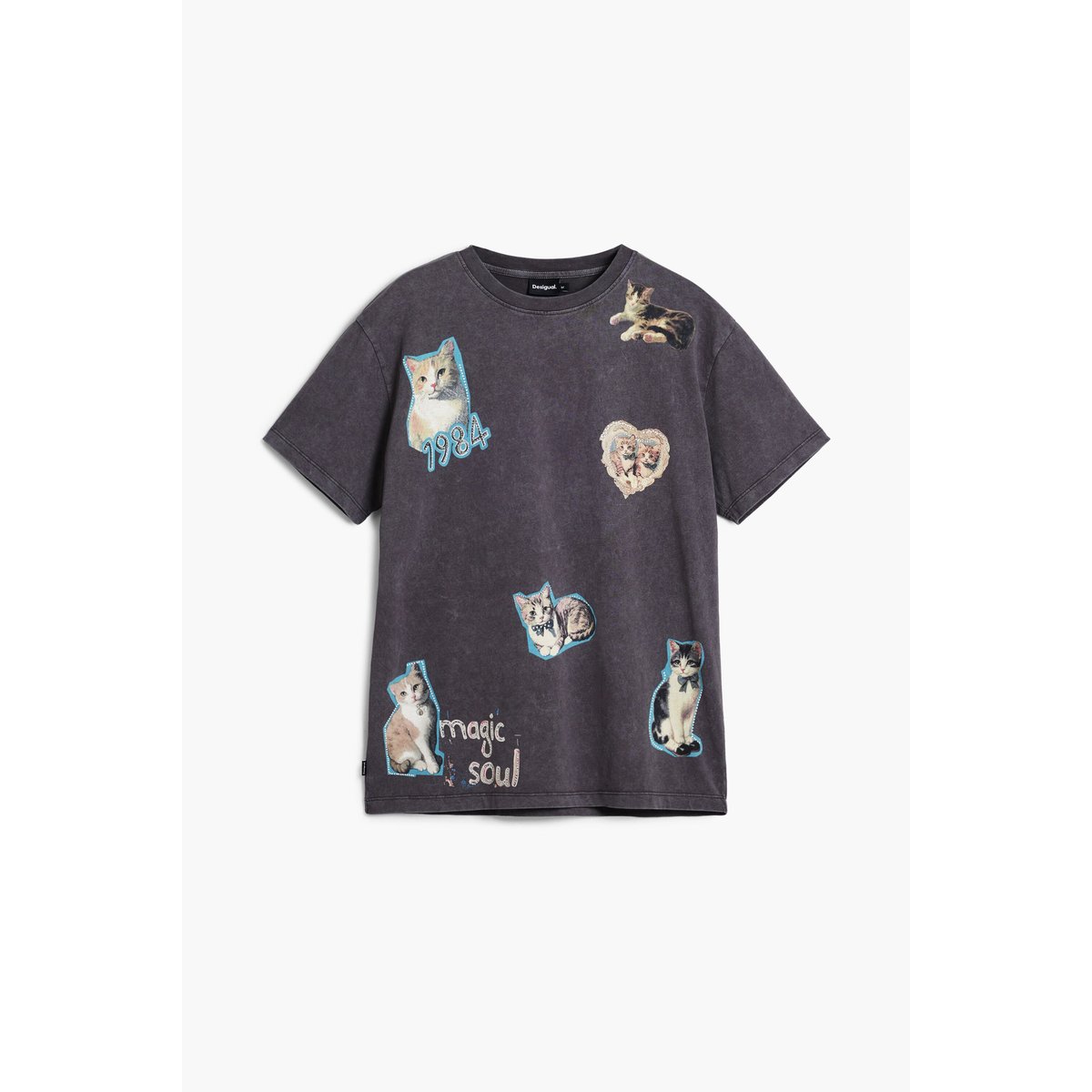 T-shirt en coton avec chats gris, DESIGUAL