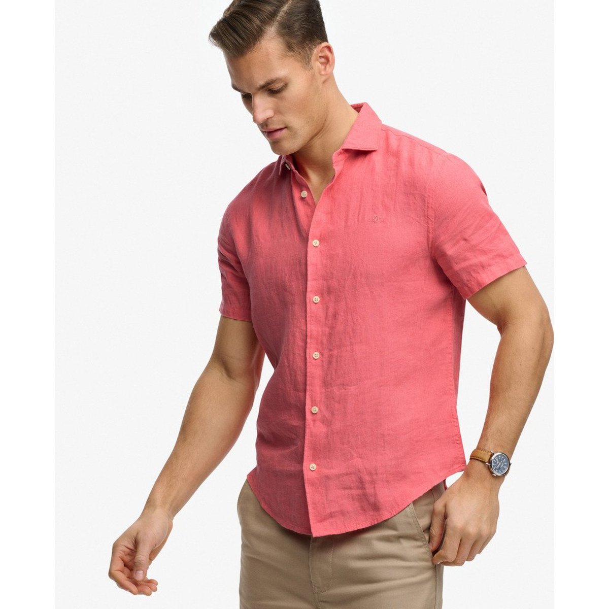 Chemise en lin à manches courtes Riviera corail, SUPERDRY