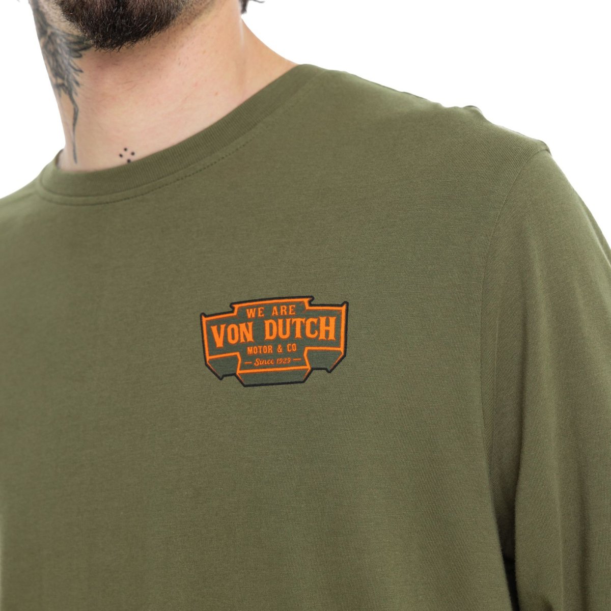 T-shirt homme regular manches longues jersey160GSM print devant Flynn kaki/noir/orange, VON DUTCH