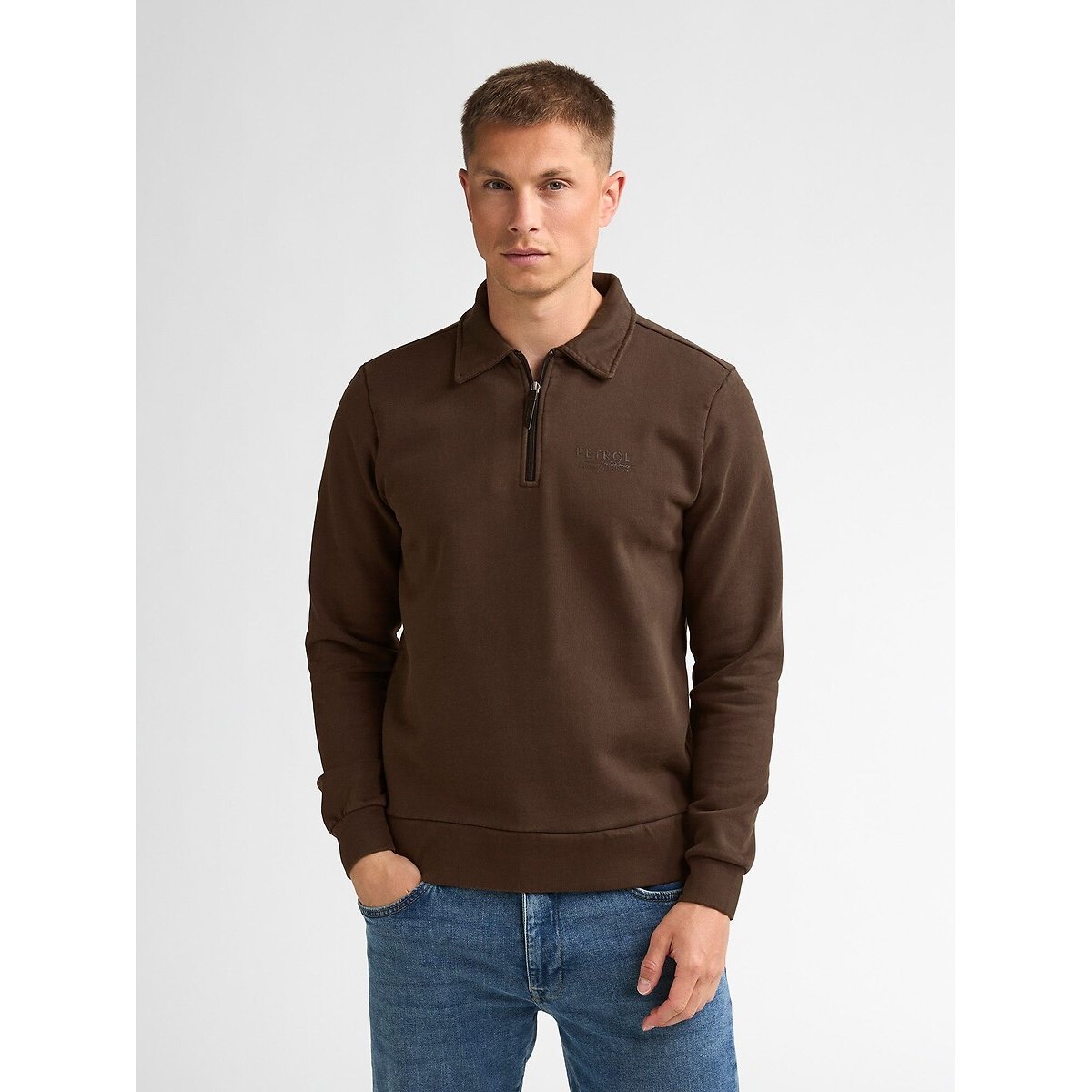 Sweat col polo zippé chocolat, PETROL INDUSTRIES