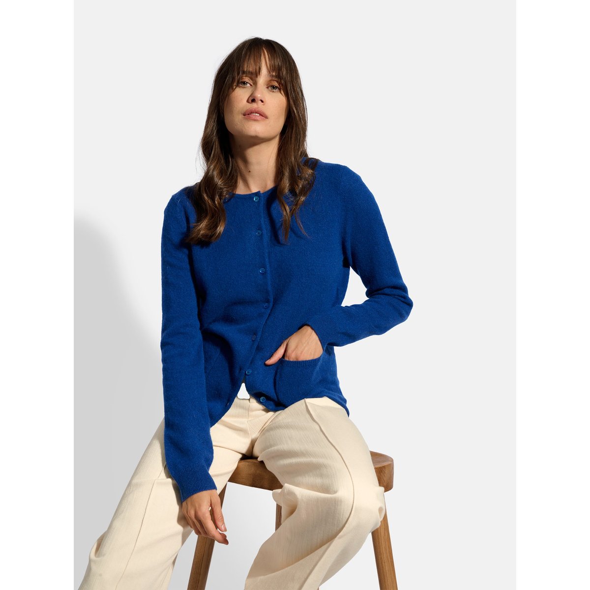 Cardigan Col Rond Outremer Katharine bleu foncé, JUST CASHMERE