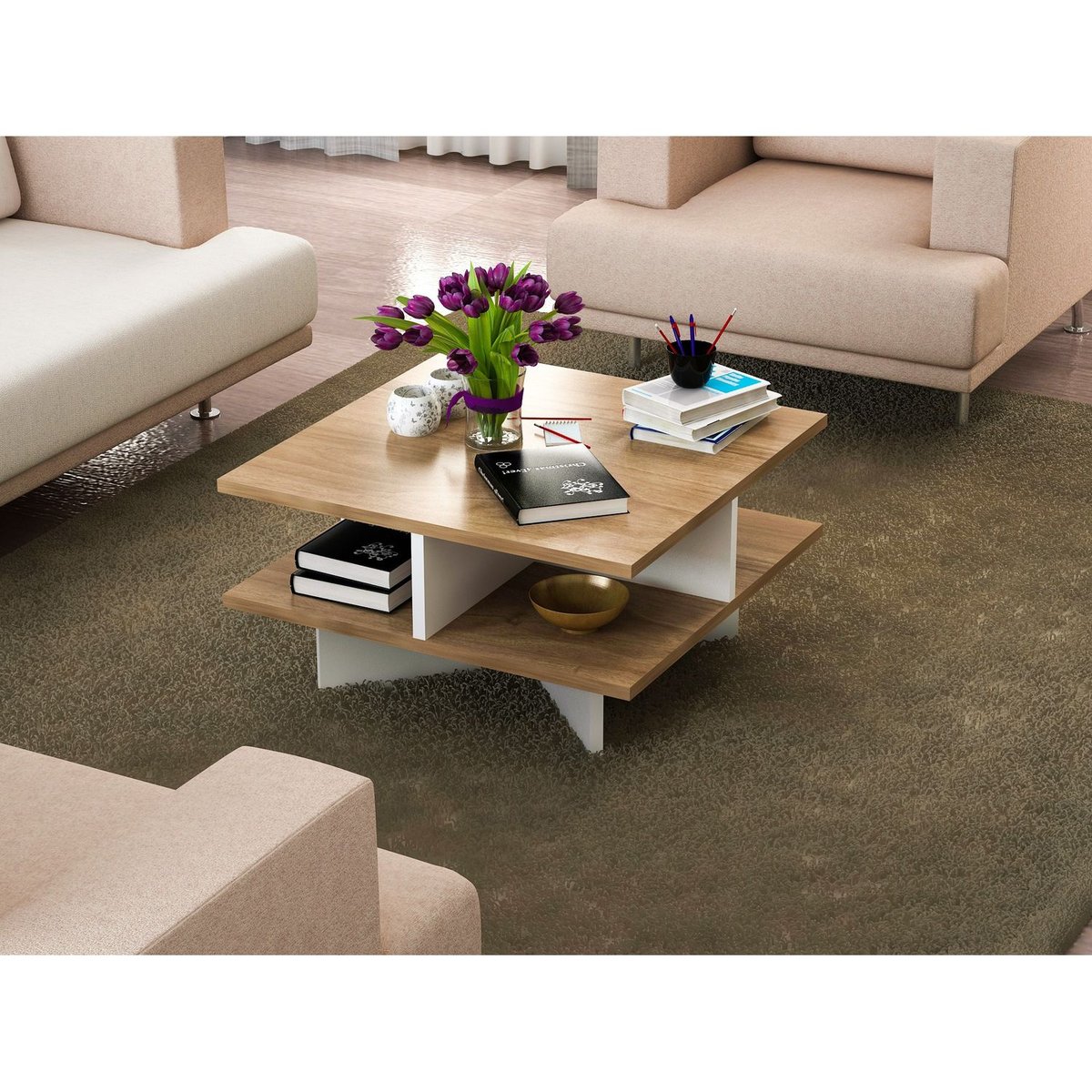 Table basse carré 4 étagères design scandinave HAMTON marron, TOILINUX