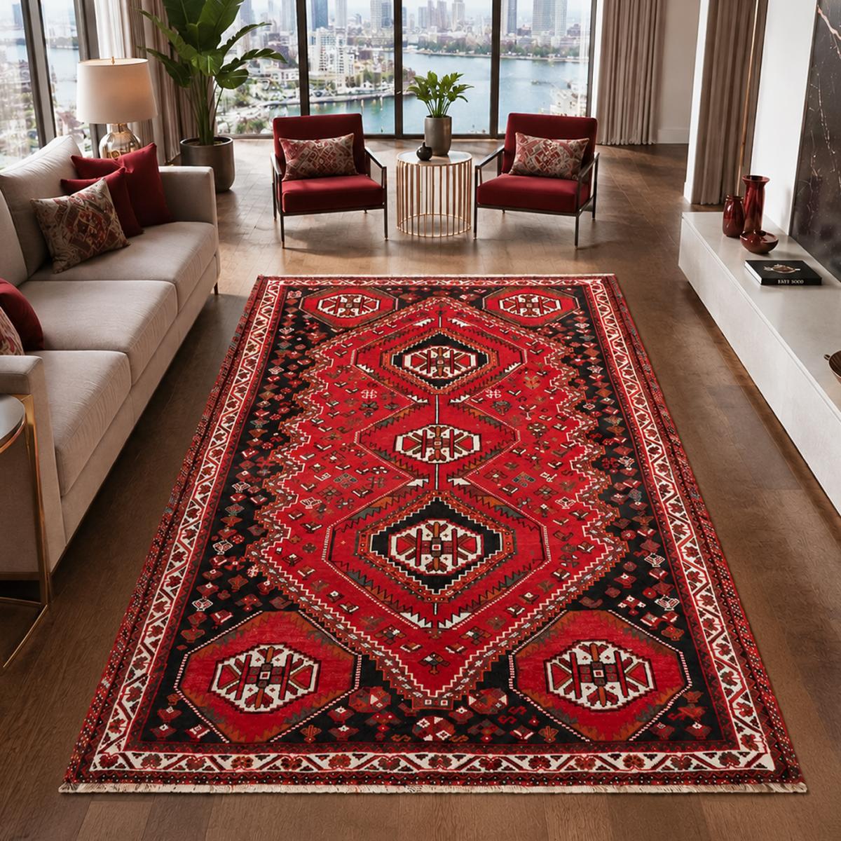 Tapis d'orient au motif oriental, noué à la main en laine rouge, crème, noir, UN AMOUR DE TAPIS