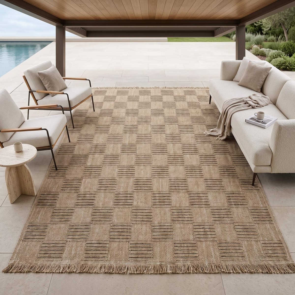 Tapis extérieur intérieur damier aspect jute JUTA DAMIER beige, THE DECO FACTORY