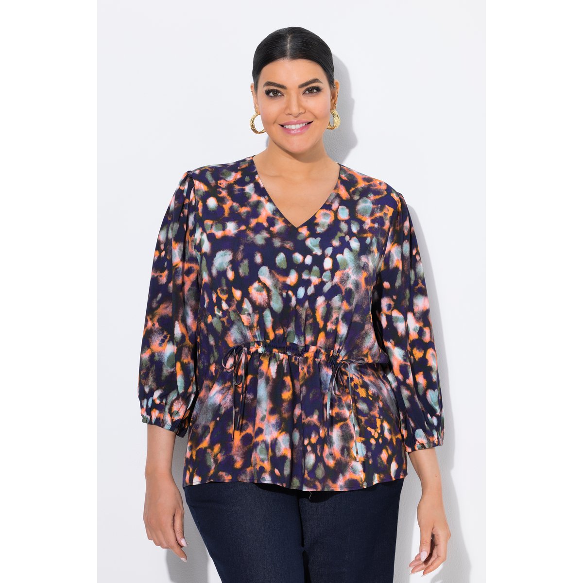 Blouse avec imprimé, cordon à froncer marine, ULLA POPKEN