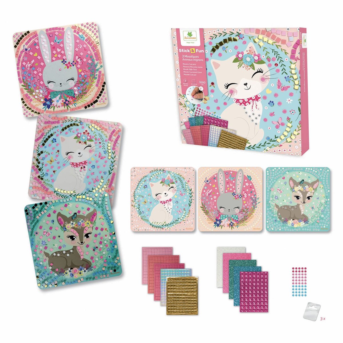 3 Mosaïques Animaux mignons rose, SYCOMORE