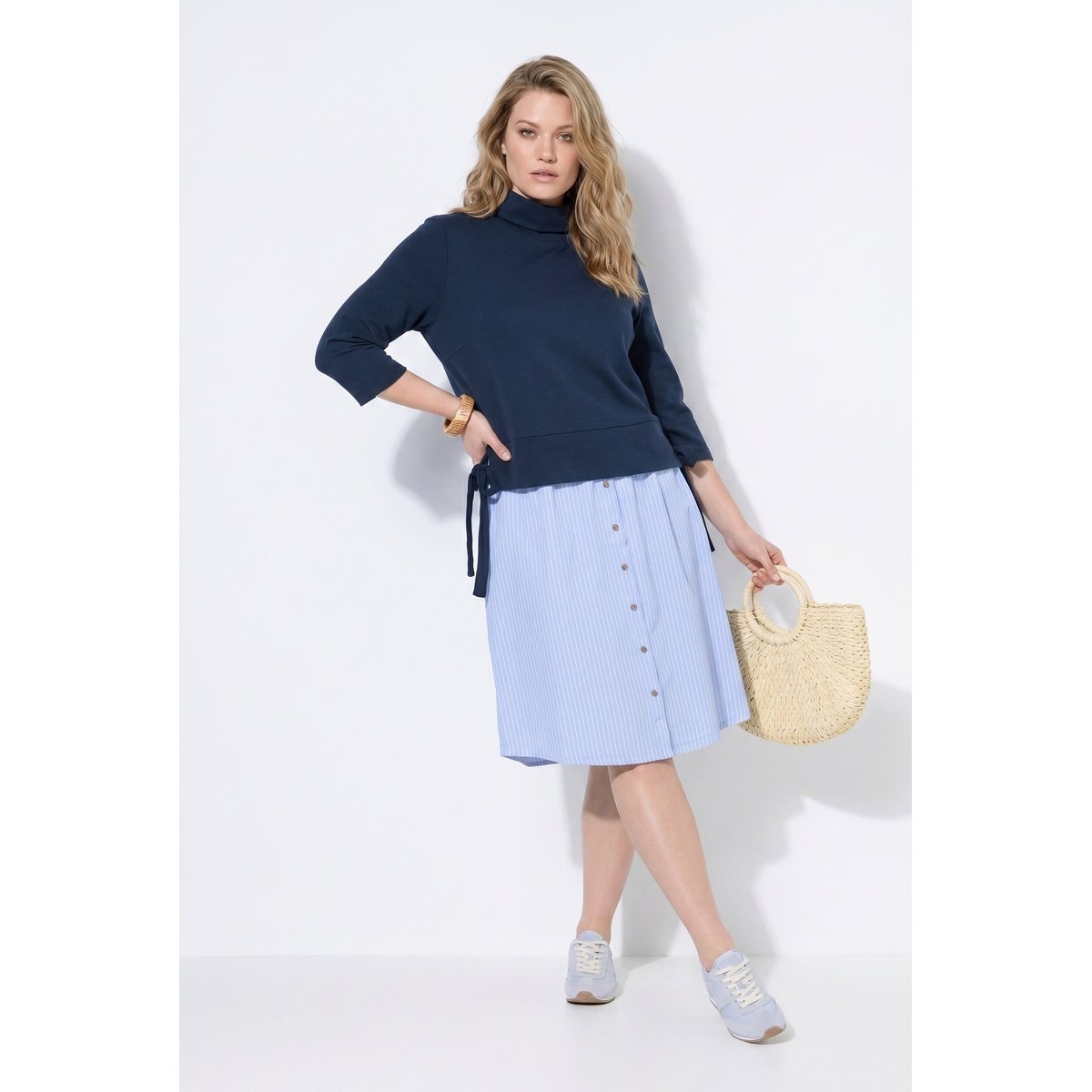 Robe en coton bio, jeu de matières marine, ULLA POPKEN