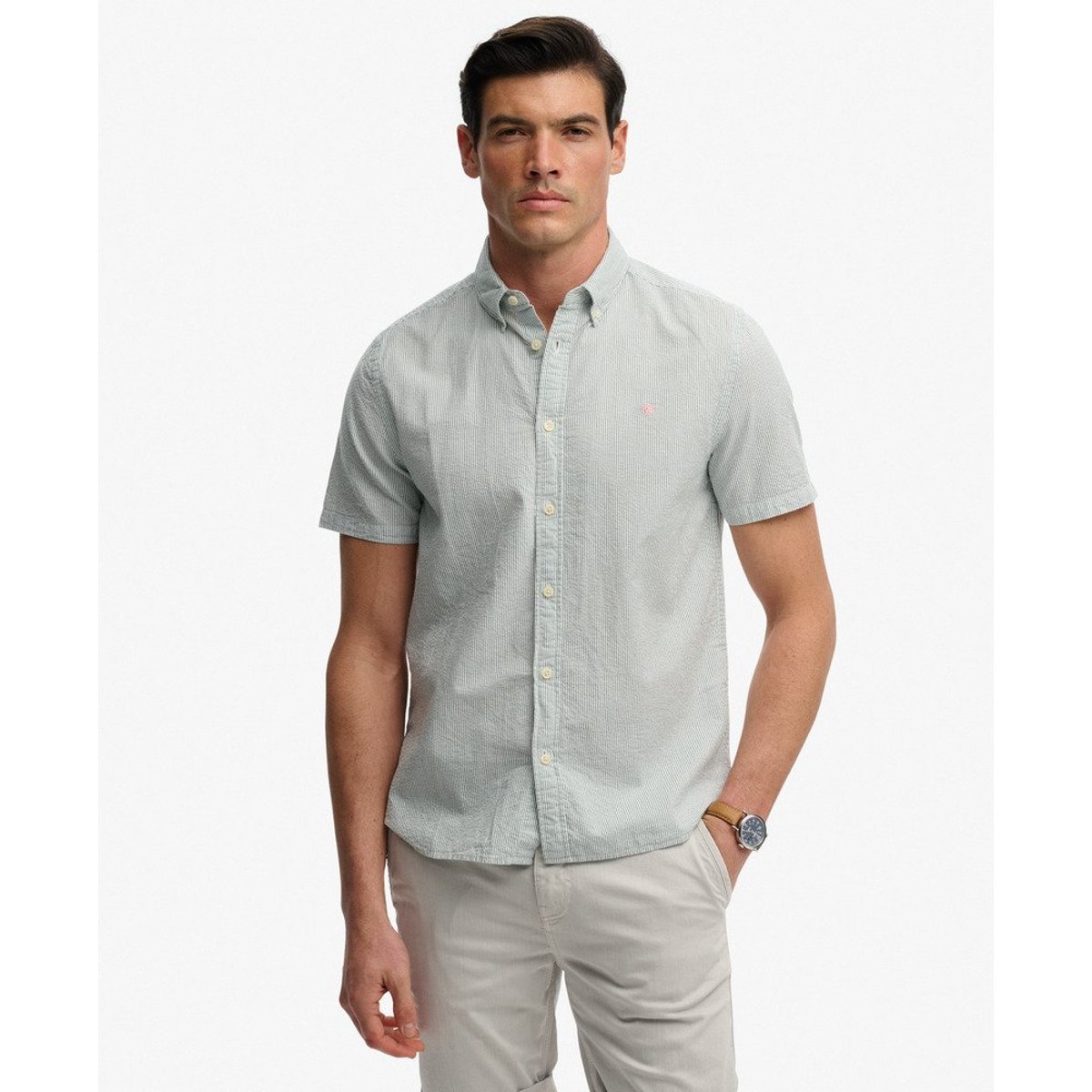 Chemise à manches courtes en seersucker classique crème/vert, SUPERDRY