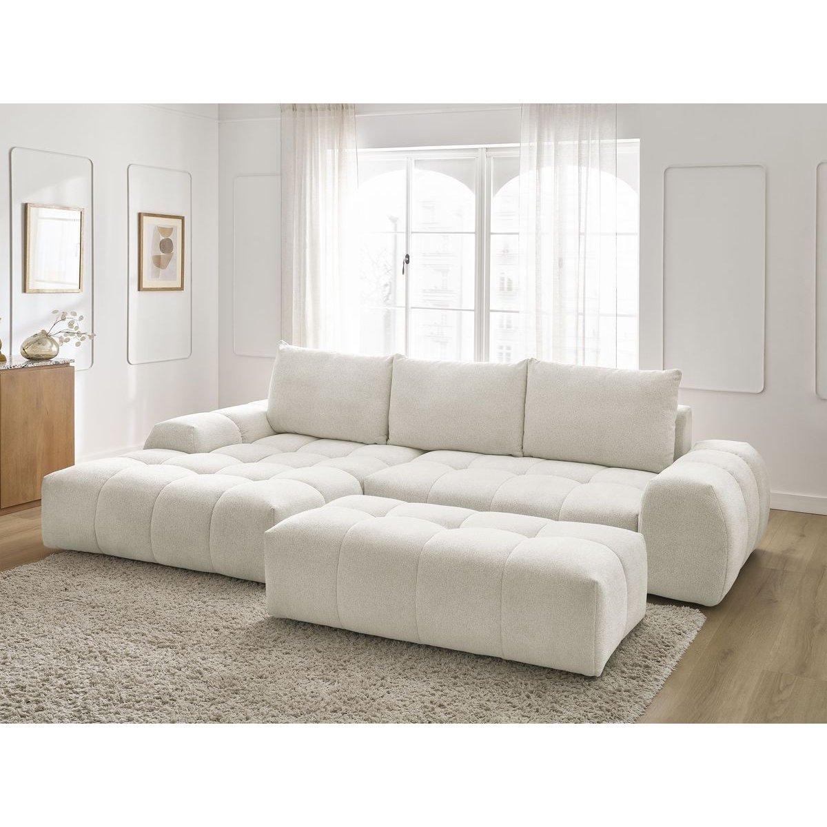 Canapé d'angle convertible 4 places en tissu chiné avec pouf, EVEREST blanc, BOBOCHIC
