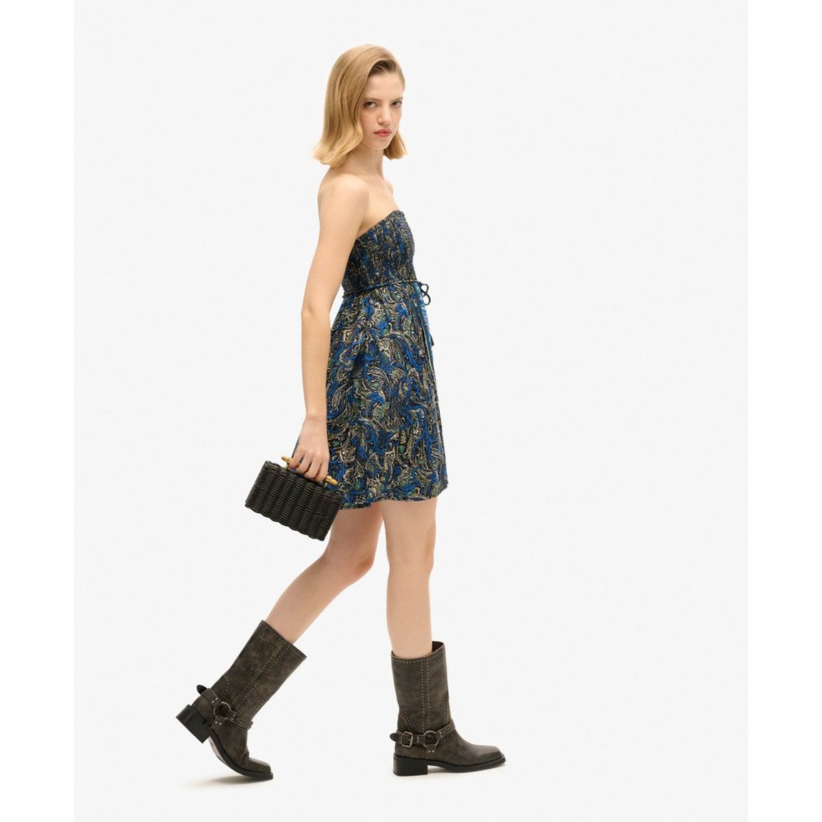 Robe bandeau bleu marine à motif feuilles cachemire, SUPERDRY