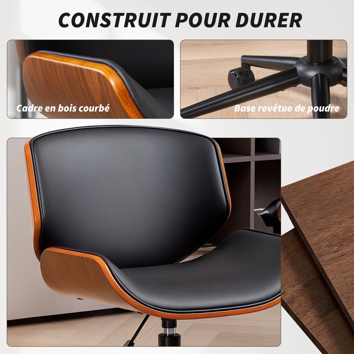 Chaise de bureau PU Noir noir et marron noyer, HOMCOM