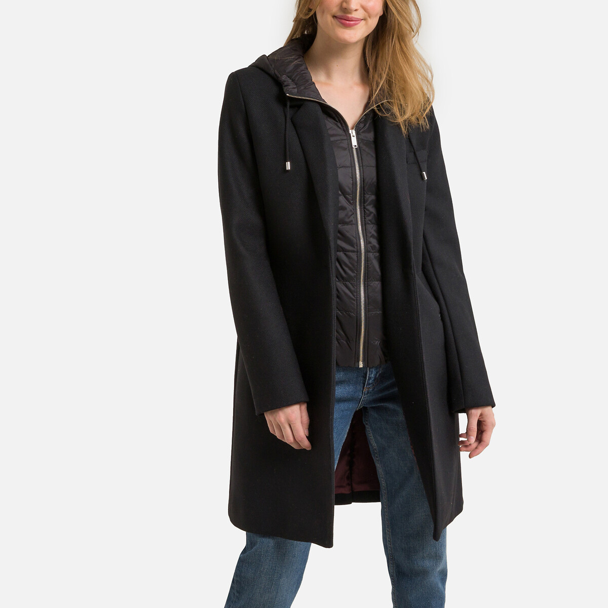Manteau capuche en drap de laine noir, IKKS