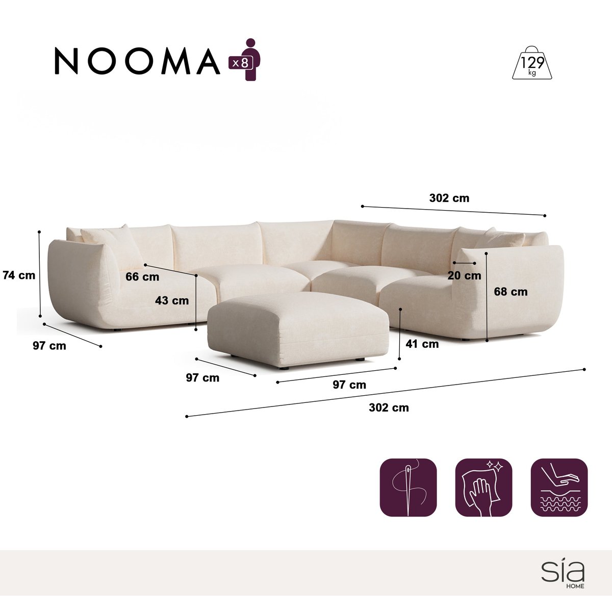 Canapé d'angle panoramique modulable 8 places en velours chenillé NOOMA crème, SIA HOME