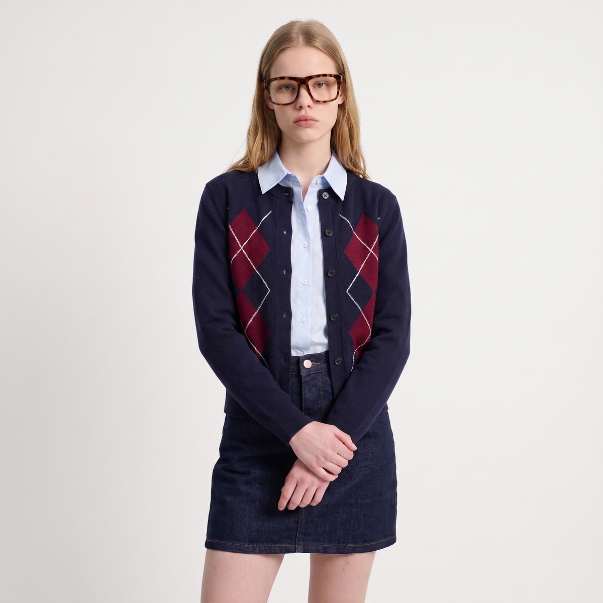 Cardigan à effet losange en laine pour femme ANARIA navy, ARTLOVE