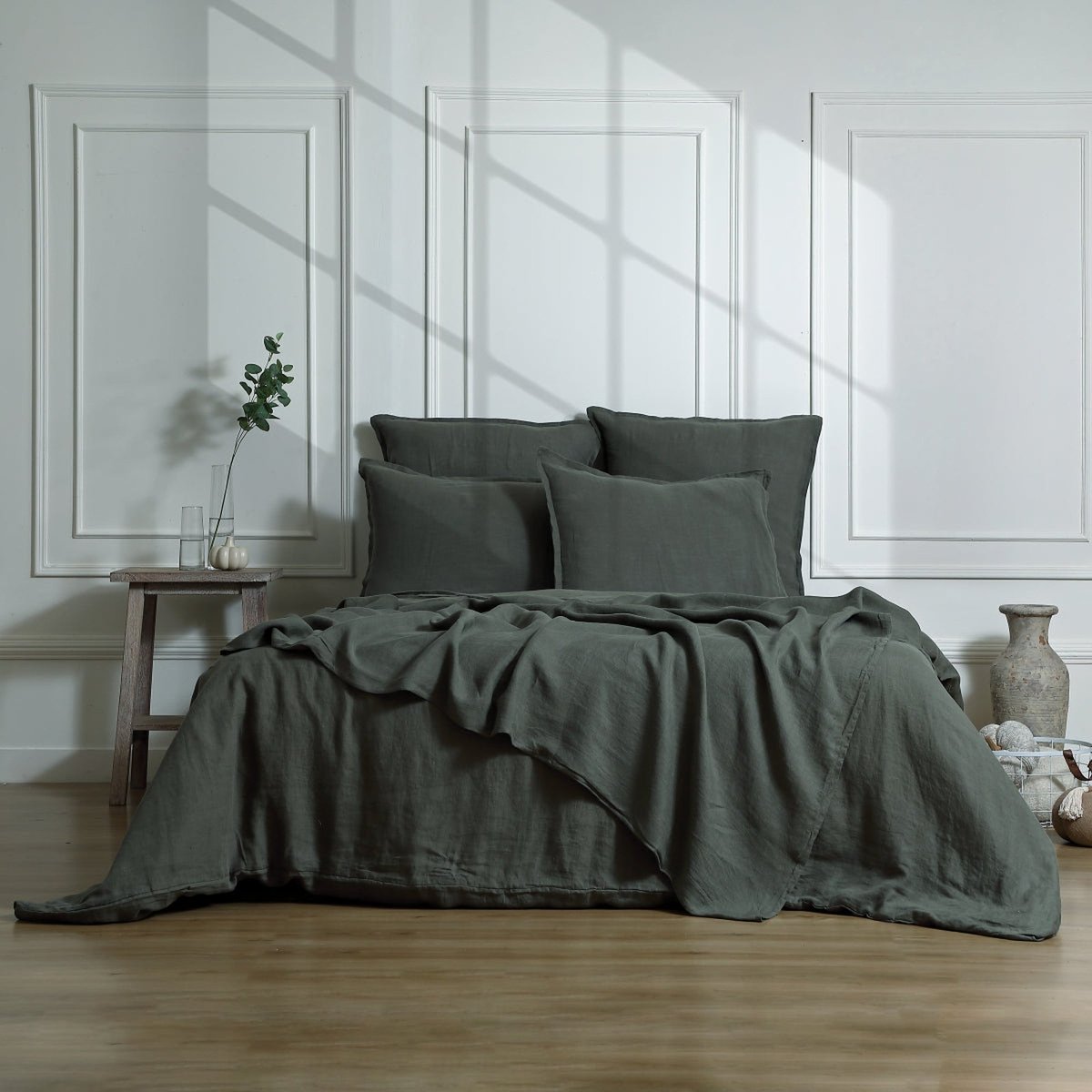 Drap plat lin lavé CAMILLE vert kaki, FEBRONIE