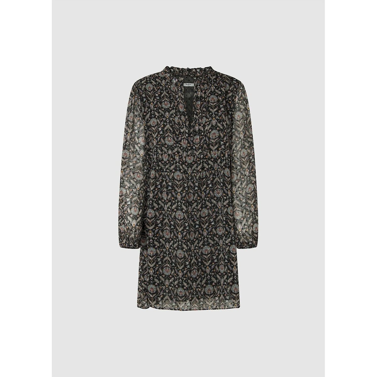 Printed Grandad Collar Dress with Long Voile Sleeves black, PEPE JEANS