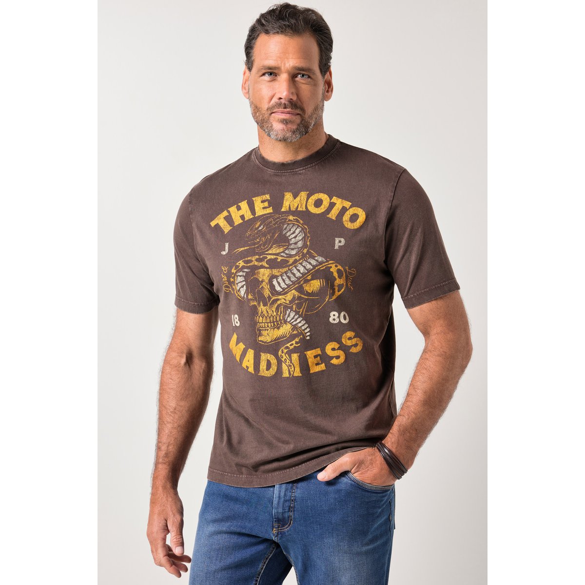 T-shirt, manches courtes et imprimé poitrine marron foncé, JP1880